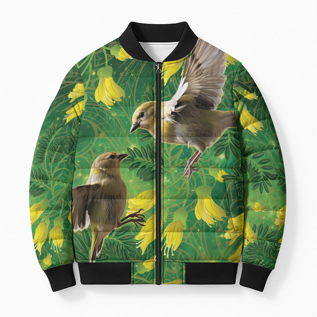 Bellbird New Zealand Personalised Bomber Puffer Jacket Kowhai Flower Maori Pattern