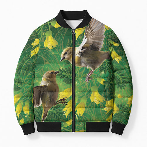 Bellbird New Zealand Personalised Bomber Puffer Jacket Kowhai Flower Maori Pattern