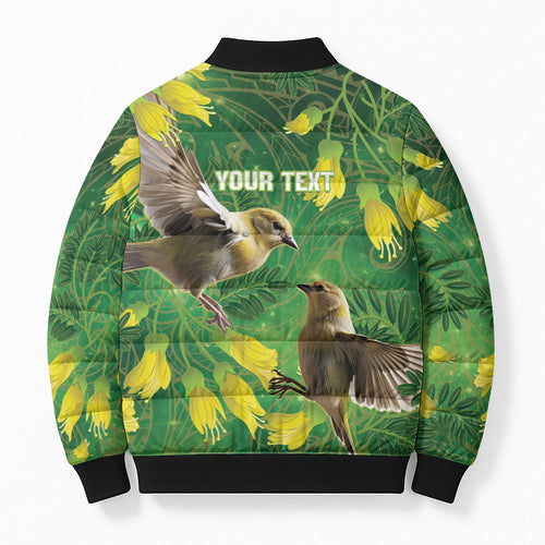 Bellbird New Zealand Personalised Bomber Puffer Jacket Kowhai Flower Maori Pattern