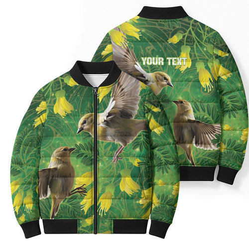Bellbird New Zealand Personalised Bomber Puffer Jacket Kowhai Flower Maori Pattern