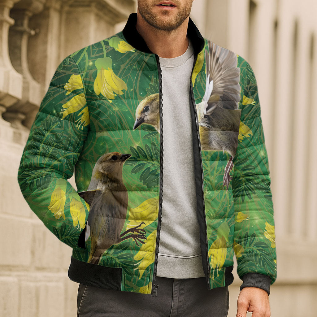 Bellbird New Zealand Personalised Bomber Puffer Jacket Kowhai Flower Maori Pattern