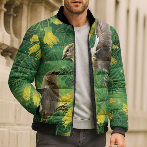 Bellbird New Zealand Personalised Bomber Puffer Jacket Kowhai Flower Maori Pattern
