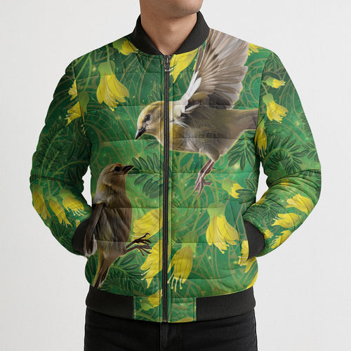 Bellbird New Zealand Personalised Bomber Puffer Jacket Kowhai Flower Maori Pattern