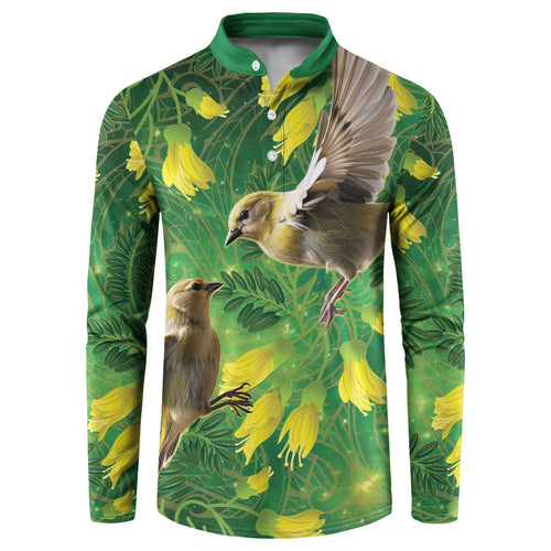 Bellbird New Zealand Personalised Button Sweatshirt Kowhai Flower Maori Pattern