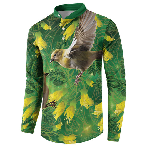 Bellbird New Zealand Personalised Button Sweatshirt Kowhai Flower Maori Pattern