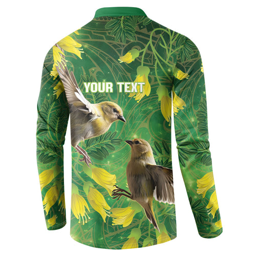 Bellbird New Zealand Personalised Button Sweatshirt Kowhai Flower Maori Pattern