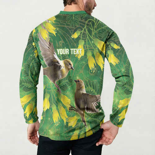Bellbird New Zealand Personalised Button Sweatshirt Kowhai Flower Maori Pattern