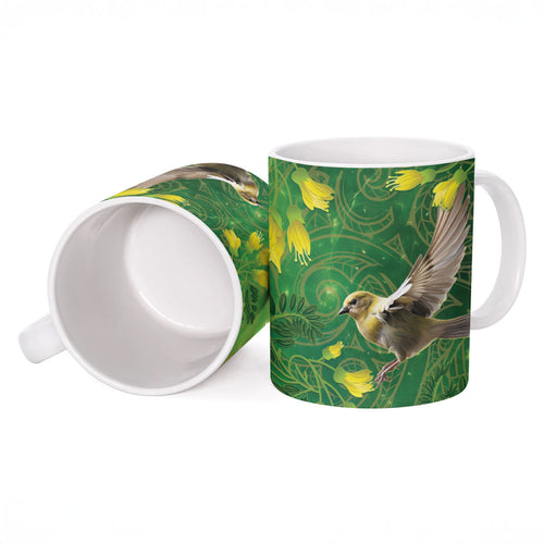 Bellbird New Zealand Personalised Ceramic Mug Kowhai Flower Maori Pattern