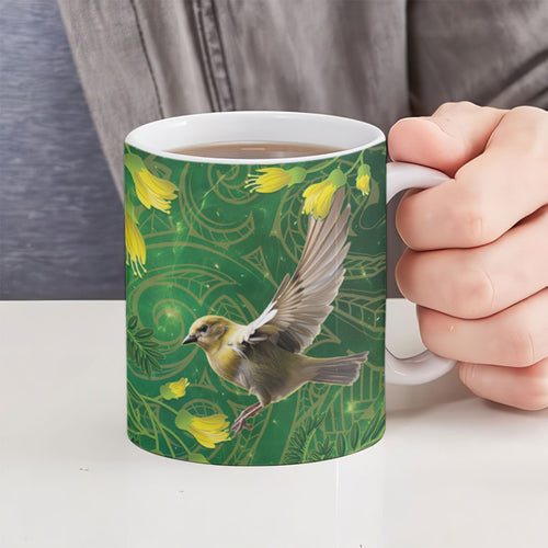 Bellbird New Zealand Personalised Ceramic Mug Kowhai Flower Maori Pattern