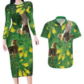Bellbird New Zealand Personalised Couples Matching Long Sleeve Bodycon Dress and Hawaiian Shirt Kowhai Flower Maori Pattern