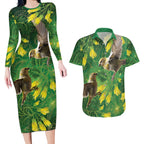 Bellbird New Zealand Personalised Couples Matching Long Sleeve Bodycon Dress and Hawaiian Shirt Kowhai Flower Maori Pattern