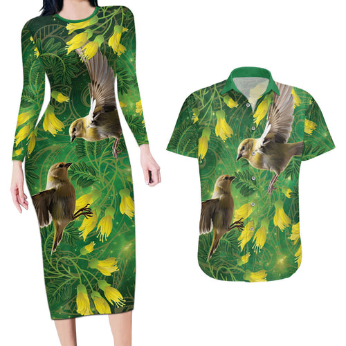 Bellbird New Zealand Personalised Couples Matching Long Sleeve Bodycon Dress and Hawaiian Shirt Kowhai Flower Maori Pattern