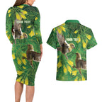 Bellbird New Zealand Personalised Couples Matching Long Sleeve Bodycon Dress and Hawaiian Shirt Kowhai Flower Maori Pattern