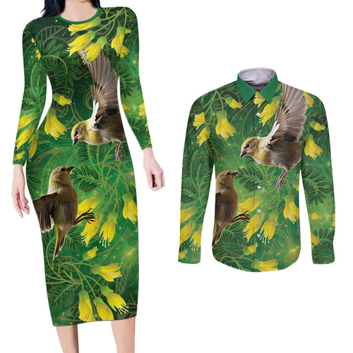 Bellbird New Zealand Personalised Couples Matching Long Sleeve Bodycon Dress and Long Sleeve Button Shirt Kowhai Flower Maori Pattern