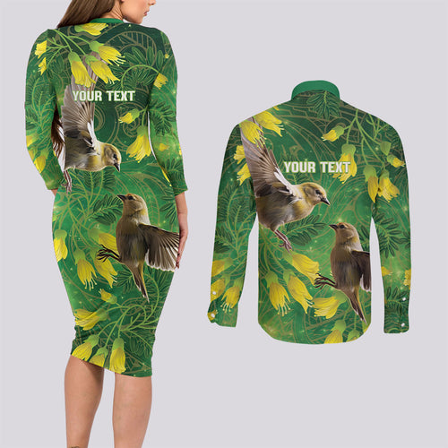 Bellbird New Zealand Personalised Couples Matching Long Sleeve Bodycon Dress and Long Sleeve Button Shirt Kowhai Flower Maori Pattern