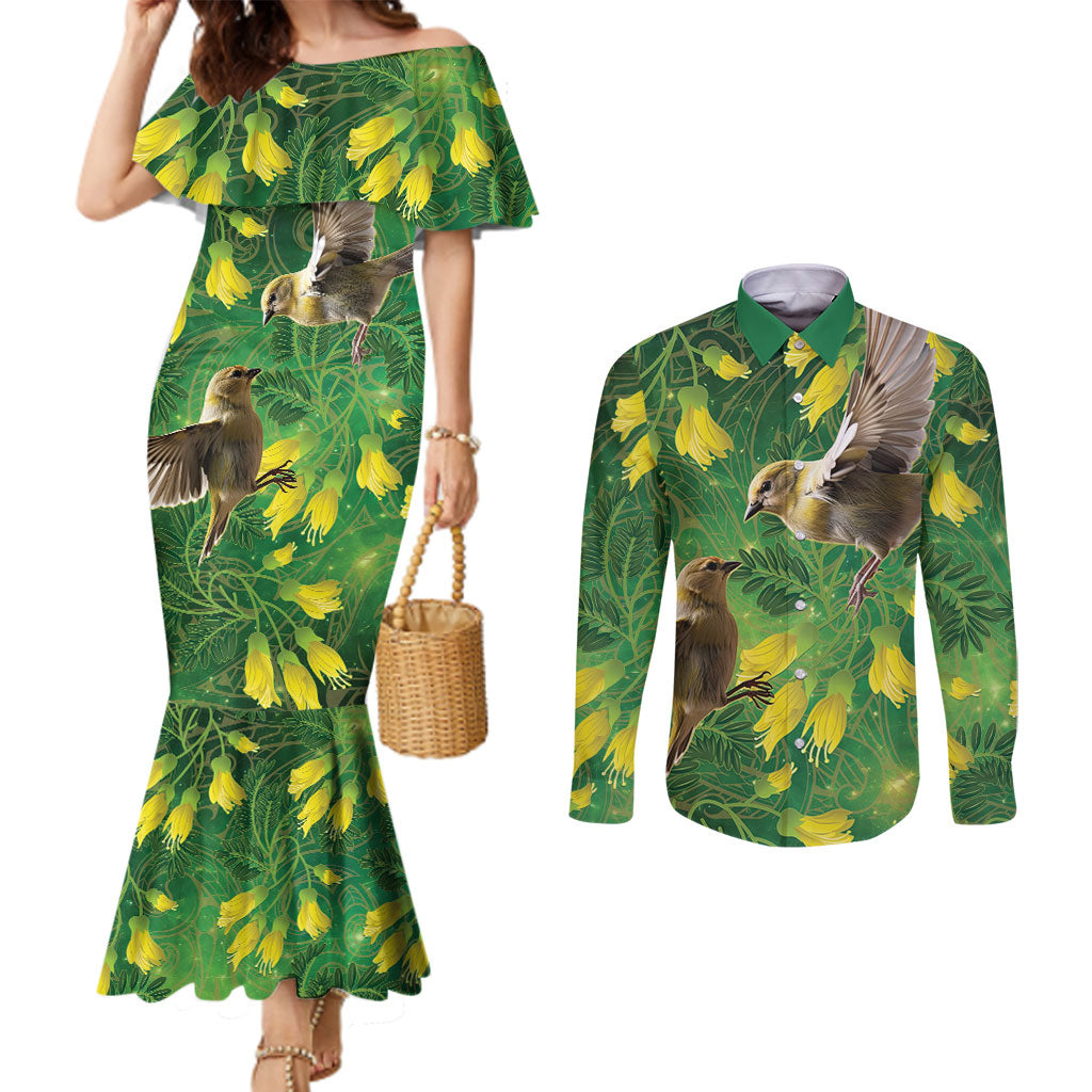 Bellbird New Zealand Personalised Couples Matching Mermaid Dress and Long Sleeve Button Shirt Kowhai Flower Maori Pattern