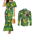 Bellbird New Zealand Personalised Couples Matching Mermaid Dress and Long Sleeve Button Shirt Kowhai Flower Maori Pattern