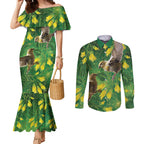 Bellbird New Zealand Personalised Couples Matching Mermaid Dress and Long Sleeve Button Shirt Kowhai Flower Maori Pattern