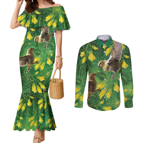 Bellbird New Zealand Personalised Couples Matching Mermaid Dress and Long Sleeve Button Shirt Kowhai Flower Maori Pattern
