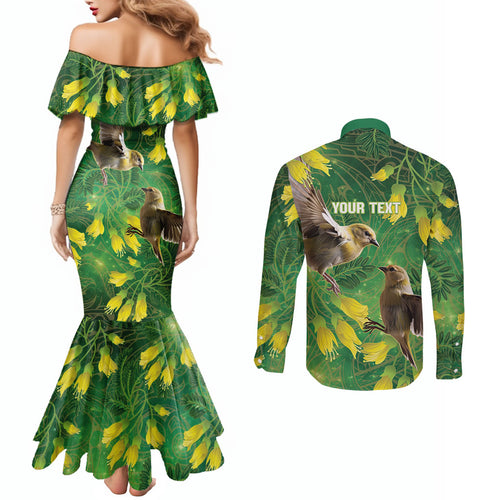 Bellbird New Zealand Personalised Couples Matching Mermaid Dress and Long Sleeve Button Shirt Kowhai Flower Maori Pattern