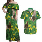 Bellbird New Zealand Personalised Couples Matching Off Shoulder Maxi Dress and Hawaiian Shirt Kowhai Flower Maori Pattern
