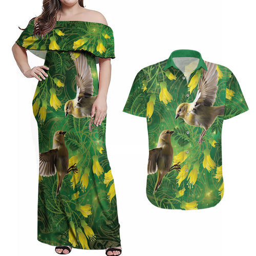 Bellbird New Zealand Personalised Couples Matching Off Shoulder Maxi Dress and Hawaiian Shirt Kowhai Flower Maori Pattern
