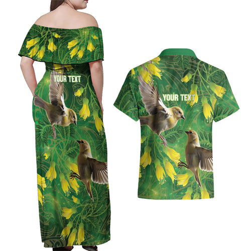 Bellbird New Zealand Personalised Couples Matching Off Shoulder Maxi Dress and Hawaiian Shirt Kowhai Flower Maori Pattern