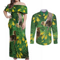 Bellbird New Zealand Personalised Couples Matching Off Shoulder Maxi Dress and Long Sleeve Button Shirt Kowhai Flower Maori Pattern