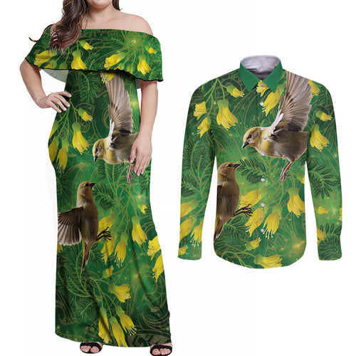 Bellbird New Zealand Personalised Couples Matching Off Shoulder Maxi Dress and Long Sleeve Button Shirt Kowhai Flower Maori Pattern