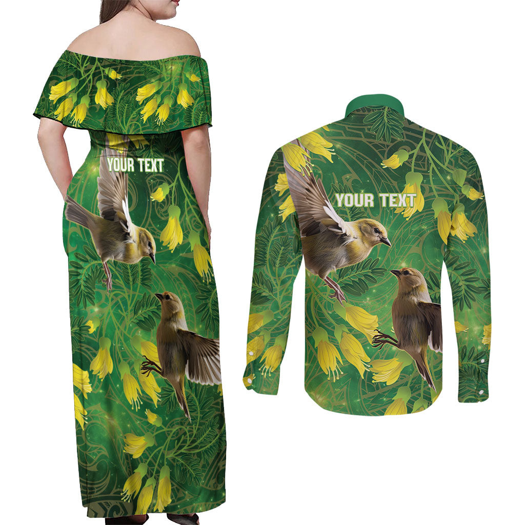 Bellbird New Zealand Personalised Couples Matching Off Shoulder Maxi Dress and Long Sleeve Button Shirt Kowhai Flower Maori Pattern
