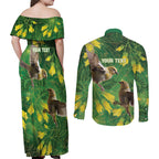 Bellbird New Zealand Personalised Couples Matching Off Shoulder Maxi Dress and Long Sleeve Button Shirt Kowhai Flower Maori Pattern