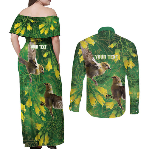 Bellbird New Zealand Personalised Couples Matching Off Shoulder Maxi Dress and Long Sleeve Button Shirt Kowhai Flower Maori Pattern