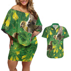 Bellbird New Zealand Personalised Couples Matching Off Shoulder Short Dress and Hawaiian Shirt Kowhai Flower Maori Pattern
