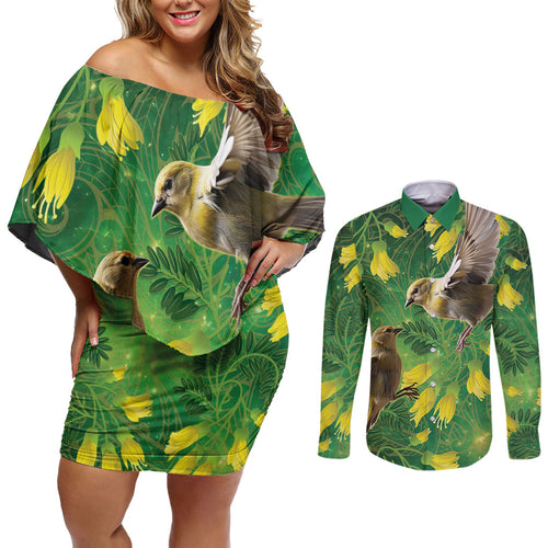 Bellbird New Zealand Personalised Couples Matching Off Shoulder Short Dress and Long Sleeve Button Shirt Kowhai Flower Maori Pattern