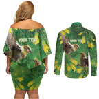 Bellbird New Zealand Personalised Couples Matching Off Shoulder Short Dress and Long Sleeve Button Shirt Kowhai Flower Maori Pattern