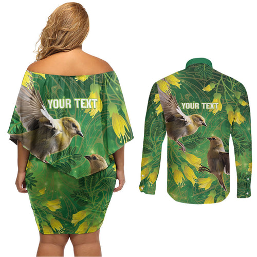 Bellbird New Zealand Personalised Couples Matching Off Shoulder Short Dress and Long Sleeve Button Shirt Kowhai Flower Maori Pattern