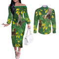 Bellbird New Zealand Personalised Couples Matching Off The Shoulder Long Sleeve Dress and Long Sleeve Button Shirt Kowhai Flower Maori Pattern