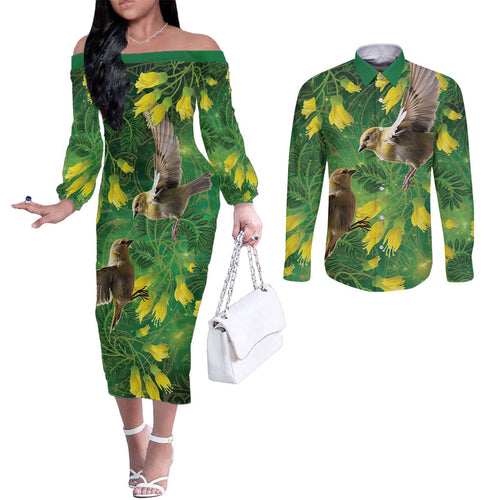 Bellbird New Zealand Personalised Couples Matching Off The Shoulder Long Sleeve Dress and Long Sleeve Button Shirt Kowhai Flower Maori Pattern