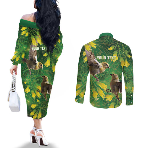 Bellbird New Zealand Personalised Couples Matching Off The Shoulder Long Sleeve Dress and Long Sleeve Button Shirt Kowhai Flower Maori Pattern