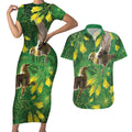 Bellbird New Zealand Personalised Couples Matching Short Sleeve Bodycon Dress and Hawaiian Shirt Kowhai Flower Maori Pattern