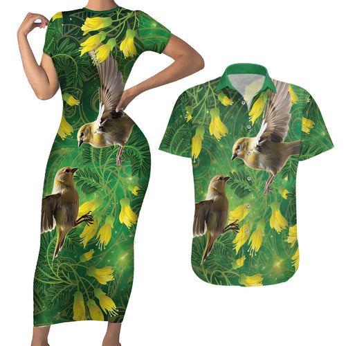 Bellbird New Zealand Personalised Couples Matching Short Sleeve Bodycon Dress and Hawaiian Shirt Kowhai Flower Maori Pattern