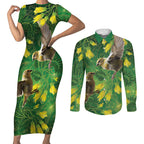 Bellbird New Zealand Personalised Couples Matching Short Sleeve Bodycon Dress and Long Sleeve Button Shirt Kowhai Flower Maori Pattern