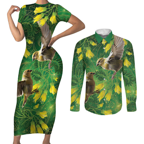 Bellbird New Zealand Personalised Couples Matching Short Sleeve Bodycon Dress and Long Sleeve Button Shirt Kowhai Flower Maori Pattern