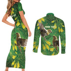 Bellbird New Zealand Personalised Couples Matching Short Sleeve Bodycon Dress and Long Sleeve Button Shirt Kowhai Flower Maori Pattern