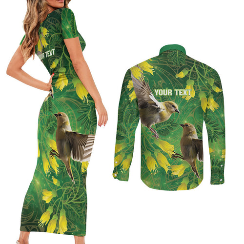 Bellbird New Zealand Personalised Couples Matching Short Sleeve Bodycon Dress and Long Sleeve Button Shirt Kowhai Flower Maori Pattern