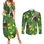 Bellbird New Zealand Personalised Couples Matching Summer Maxi Dress and Long Sleeve Button Shirt Kowhai Flower Maori Pattern