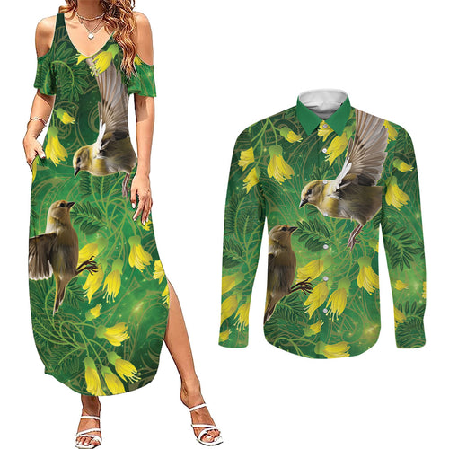 Bellbird New Zealand Personalised Couples Matching Summer Maxi Dress and Long Sleeve Button Shirt Kowhai Flower Maori Pattern