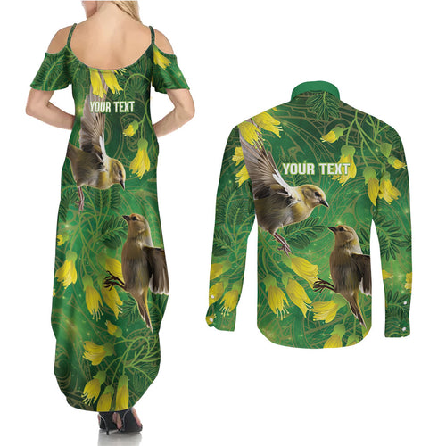 Bellbird New Zealand Personalised Couples Matching Summer Maxi Dress and Long Sleeve Button Shirt Kowhai Flower Maori Pattern