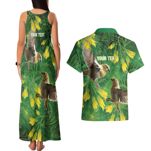 Bellbird New Zealand Personalised Couples Matching Tank Maxi Dress and Hawaiian Shirt Kowhai Flower Maori Pattern