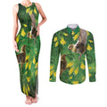 Bellbird New Zealand Personalised Couples Matching Tank Maxi Dress and Long Sleeve Button Shirt Kowhai Flower Maori Pattern